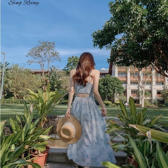 Blue floral backless cutout cowl neck midi dress size xs - Picture 8 of 16